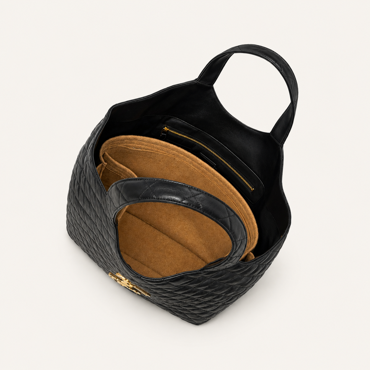YSL iCare Maxi organiser insert fitted inside black YSL iCare Maxi tote showing interior compartments