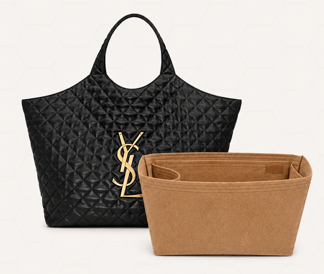 YSL iCare Maxi organiser insert in premium felt displayed beside black YSL iCare Maxi tote
